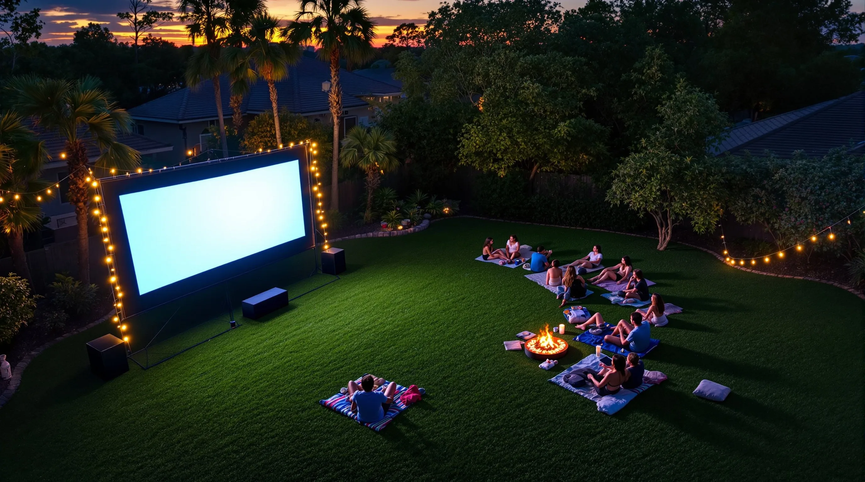 Outdoor movie night under the stars in Tampa Bay backyard