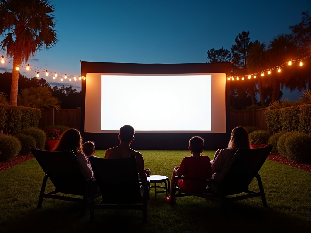 Outdoor cinema setup at twilight in a Florida backyard