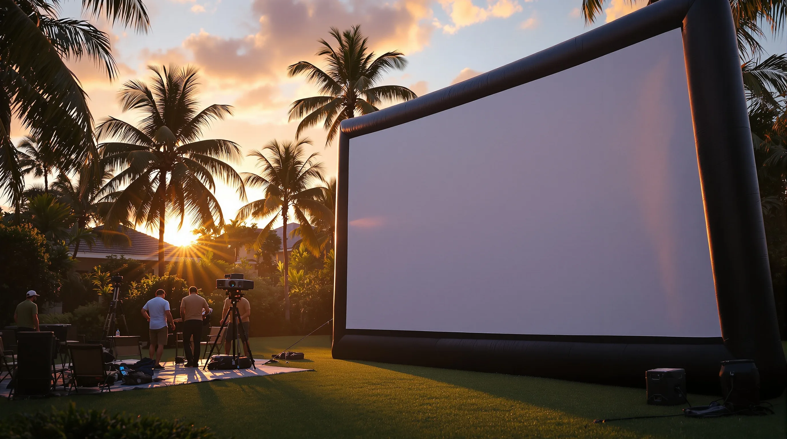 Outdoor cinema setup crew arriving with equipment