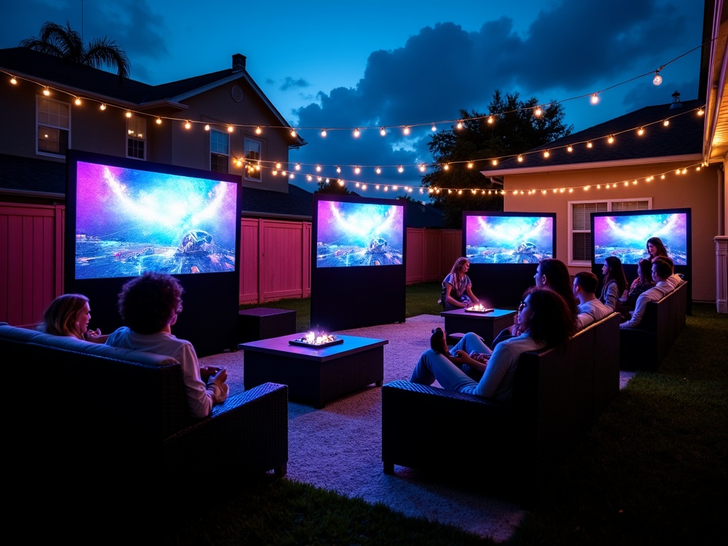 Outdoor gaming party with multiple screens