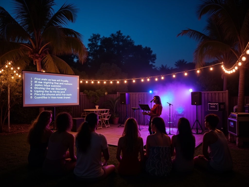 Outdoor karaoke night with stage lighting